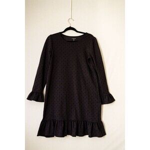 Lands' End black polka dot ruffles dress 16 goth witchy longsleeve midi
